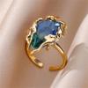Elegant Flame Shaped Teardrop Ring Blue To Green Gradient Cubic Zirconia Stones Adjustable 17.7mm Opening