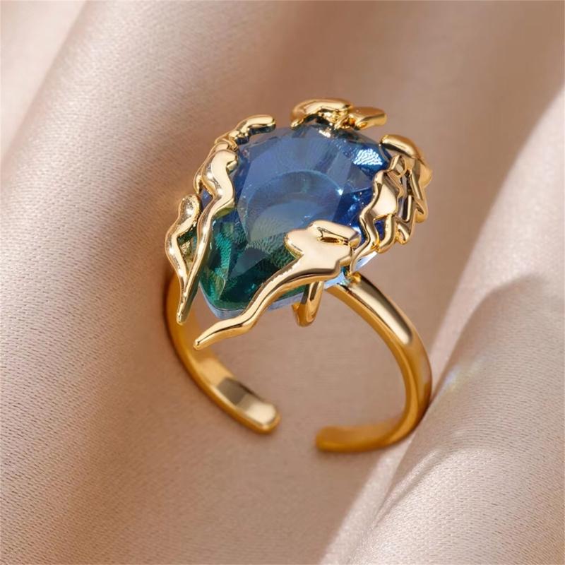 Elegant Flame Shaped Teardrop Ring Blue To Green Gradient Cubic Zirconia Stones Adjustable 17.7mm Opening