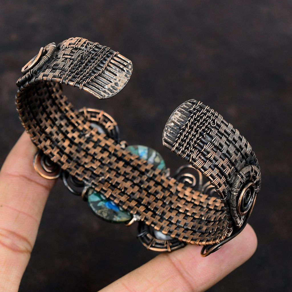 Copper Azurite Malachite Cuff Bracelet Copper Wire Wrapped Bangle Adjustable Cuff Bracelet Moonstone Bangle Handmade Dainty Gemstone Jewelry