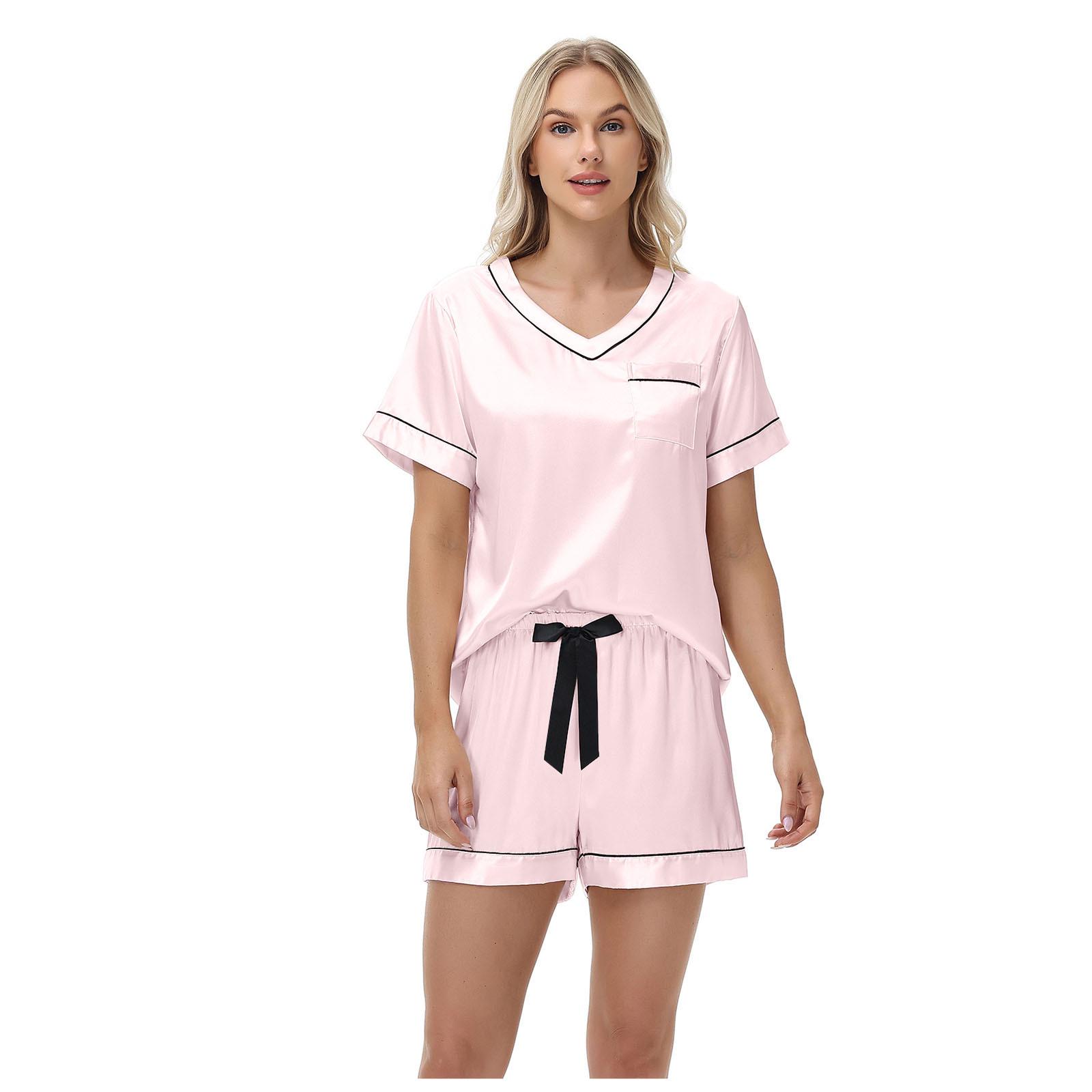 

Женский летний пижамный комплект с V-образным вырезом из ледяного шелка 2025 - с коротким рукавом и шортами Extra Large розовый