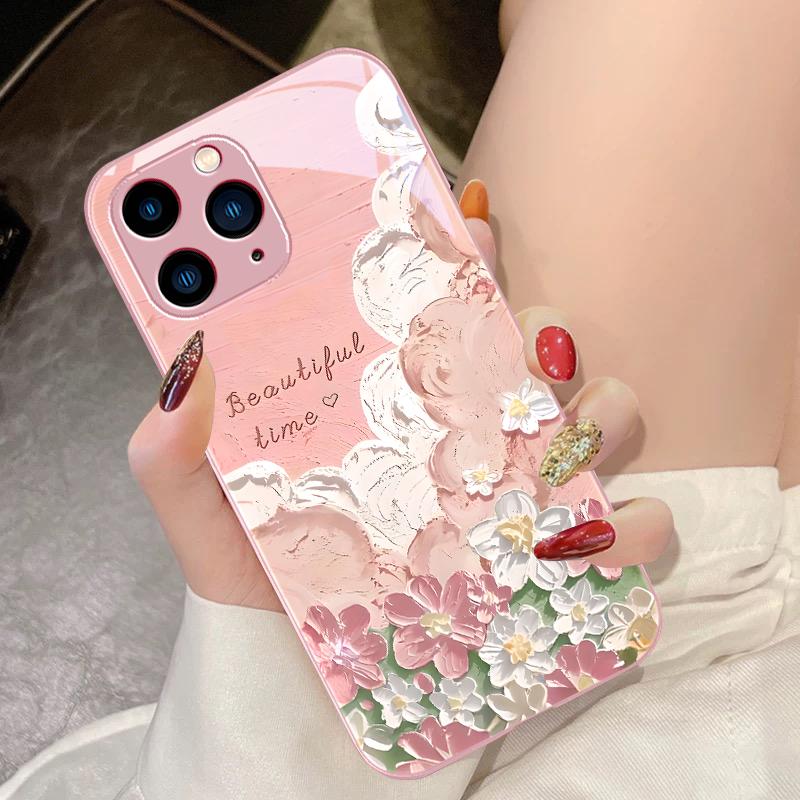 Oil Painting Flower Purple For IPhone 16 Pro Max 15 Pro 14 13 12 Mini 11 XS Max XR 7 8 Plu SE 2022 Tempered Glass Phone Case