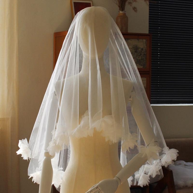 Flower Beaded Veil Wedding Veil Bridal Shower Headwear Photoshooting Accessory