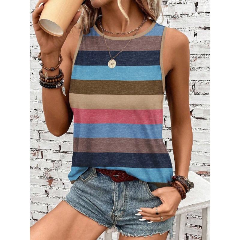 Colorful Stripe Round Neck Butterfly Leopard Creative Element Casual Tank Top Summer Women Blouse
