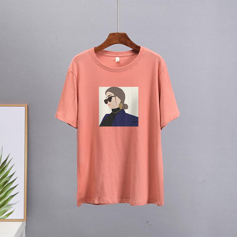 Hirsionsan Elegant Character Printed T Shirt Women Summer Chic Casual Tees Cotton Jumper Clothes Oversized Pullover Female Tops