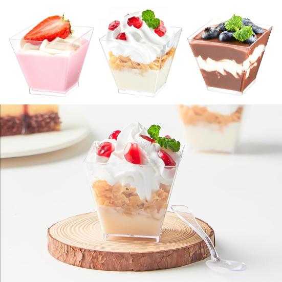 50 Sets Disposable Dessert Cups with Spoons Heavy-duty Reusable Clear Plastic Puddings Cups Parties Events Supplies