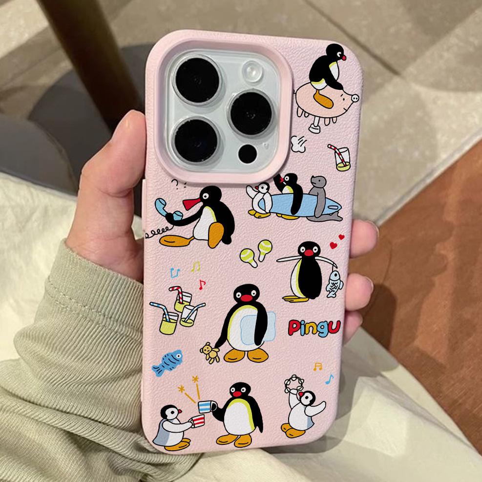 Cartoon Cute Penguins Lichee Leather Pattern Phone Case For Samsung S26 S25 S24 S23 S22 S21 S20 S10 Plus FE Ultra 4G 5G