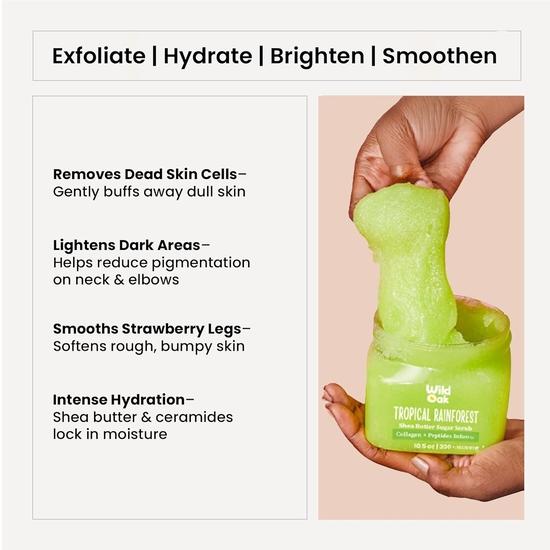 WildOak Tropical Rainforest Sugar Body Scrub | 300g | Kojic & Hyaluronic Acid, Ceramides, Collagen & Peptides | De-Tan & Brightens Dark Areas