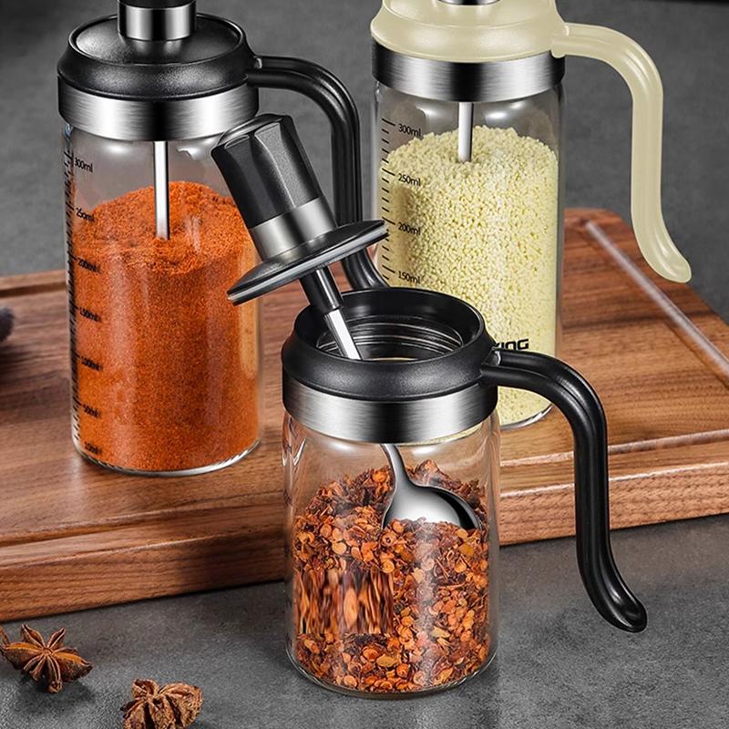 Glass Spice Container Kitchen Seasoning Jar with Spoon Salt Storage Bottle Airtight Leakproof Organizer for Cooking Supplies