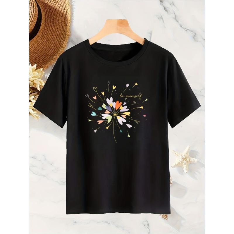 European Size Women's Heart-shaped Short-sleeved T-shirt - Heart and Flower Shaped Print Crew Neck T-shirt,Machine Washable,Comfortable All-season Top