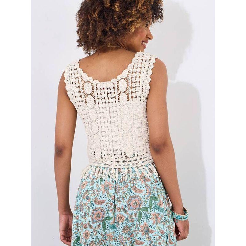 Small Fashion Lace V-neck Single Breasted Tassel Cut Out Crochet Knitting Cardigan Outer Wear Vest Sleeveless Tops