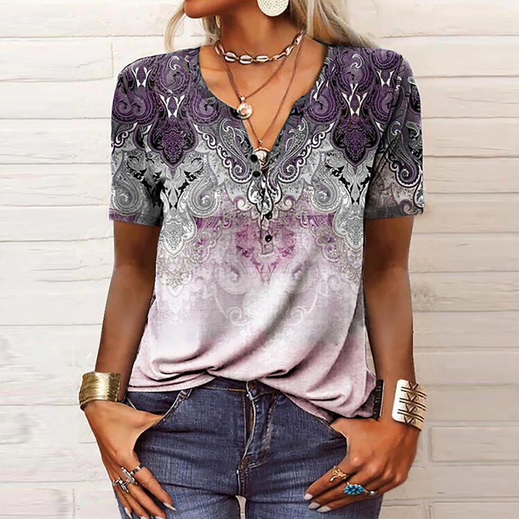 Women's Fashion Casual V-neck Short Seeve Ethnic Printing Button Loose Top