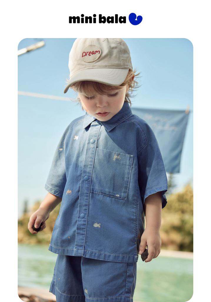 [Cowboy] Mini Balabala Boys' Set Lightweight Cotton Hemp Short Sleeve Shirt Pants Summer New 2026