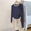 Pink Fake Two-piece Striped Front Shoulder Short Long-sleeved T-shirt Spring and Autumn Early Autumn Design Bottoming Shirt Small Top
