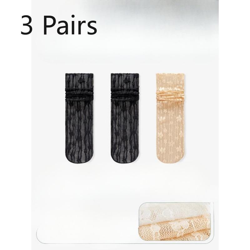 3 Pairs of Women's Summer Thin Lace Flowers In The Tube Pile Socks