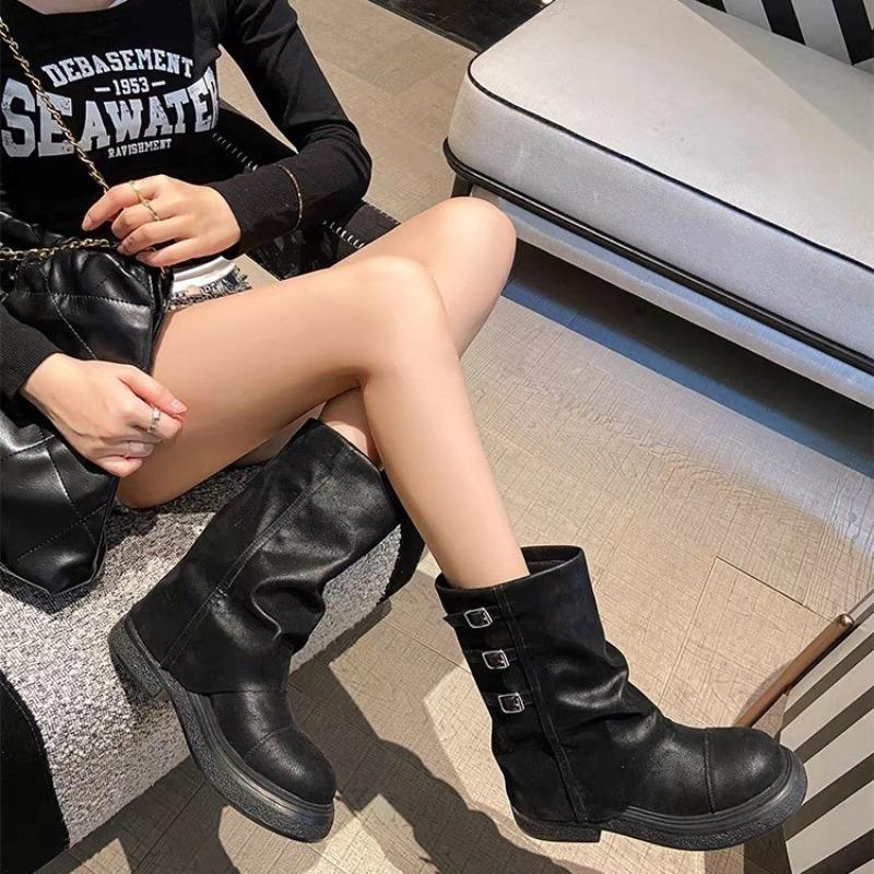 Fashion Retro Women 2025 New Metal Buckle Block Heel Trouser Boots Platform Short Boots