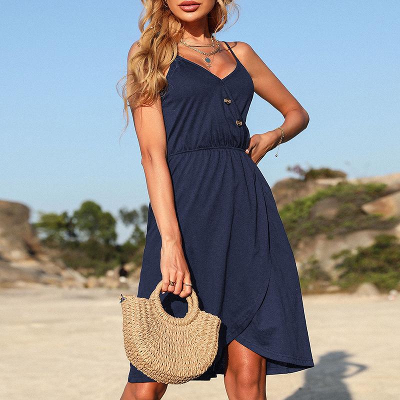 

Женское летнее короткое платье трапециевидной формы с открытой спиной и V-образным вырезом, нерегулярное короткое платье S темно-синий