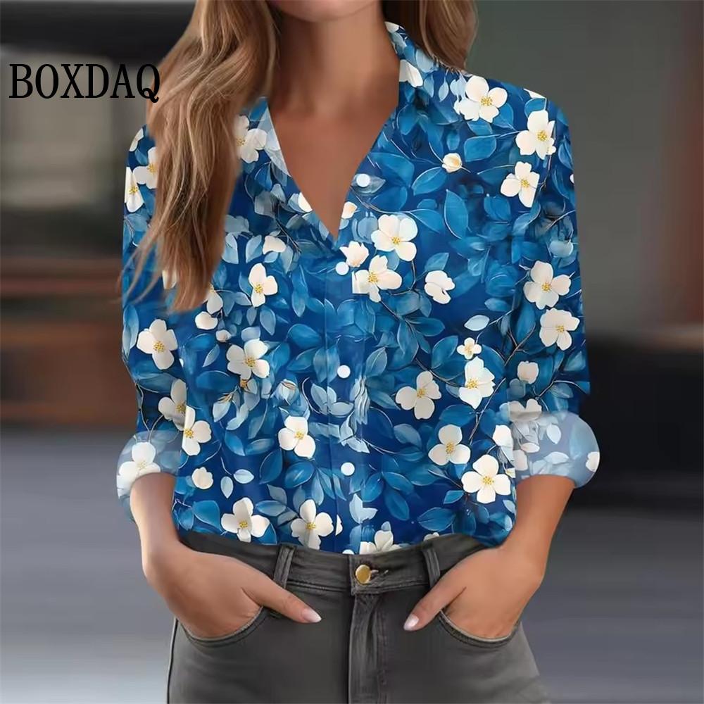 Women's 3D Floral Pattern Print Shirts Vintage Autumn Long-Sleeved Blouse Fashion Casual Loose Button Everyday Lapel Shirt Tops