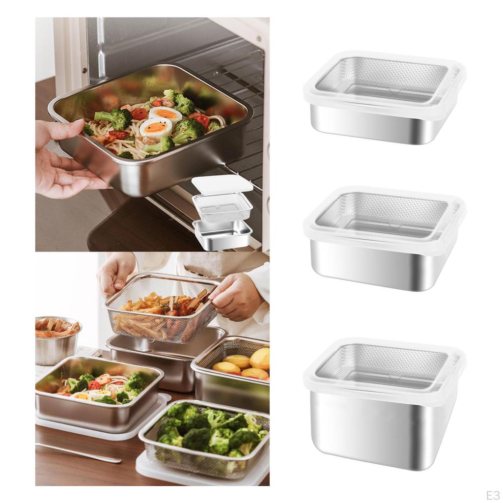 Stainless Steel Food Container with Strainer Colander Set Fridge Organizer Bin for Lettuce