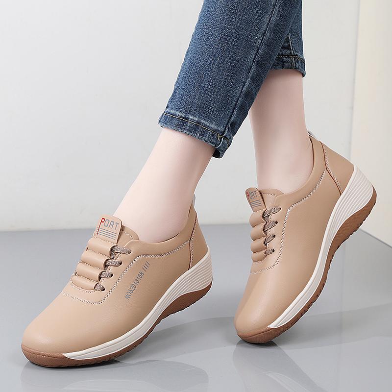 Women Platform Loafers Casual Elegant Leather Khaki Sneakers Thick Sole Height Increase Shake Shoes Large Size