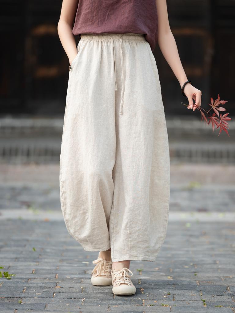 Johnature Vintage Women Bloomers Pants Solid Color Autumn Loose Trousers Elastic Waist Soft Female Ankle-length Pants