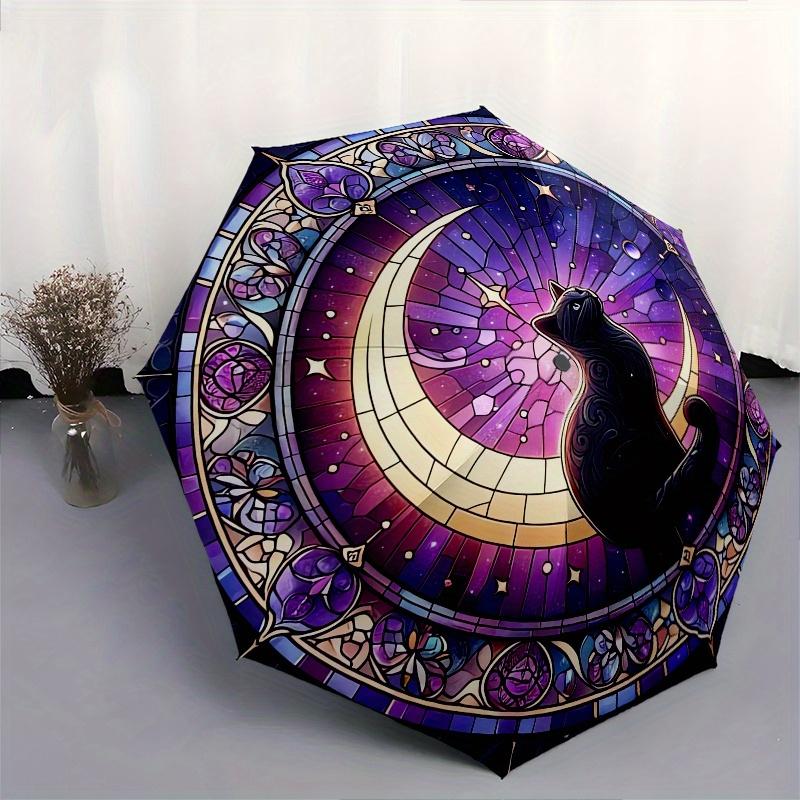 Stained Glass Cat Moon Automatic Folding Umbrella  8 Ribs, Durable Iron Frame, Bright Color Pattern Compact Travel Umbrella, Suitable for Ou