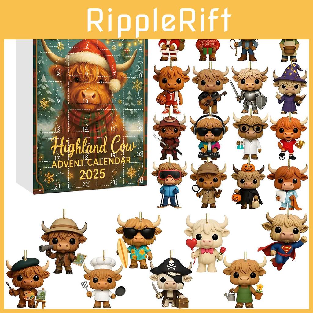 Highland Cow Christmas Advent Calendar With Acrylic Hanging Decorations For Party Celebrations
