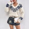 Women S V Neck Knit Sweater Vintage Floral Print Loose Drop Shoulder Long Sleeve Pullover