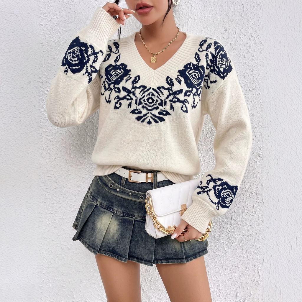 Women S V Neck Knit Sweater Vintage Floral Print Loose Drop Shoulder Long Sleeve Pullover