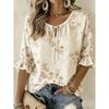 Women's Beige Floral & Butterfly Print Tie Neck Blouse, Casual Loose Tops for Spring Summer Daily Wear & Vacation Occasions
