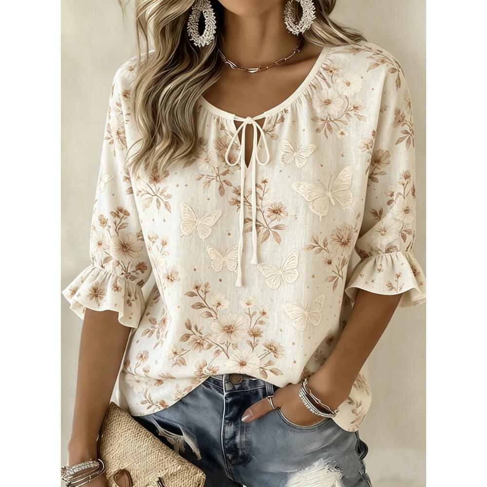 Women's Beige Floral & Butterfly Print Tie Neck Blouse, Casual Loose Tops for Spring Summer Daily Wear & Vacation Occasions