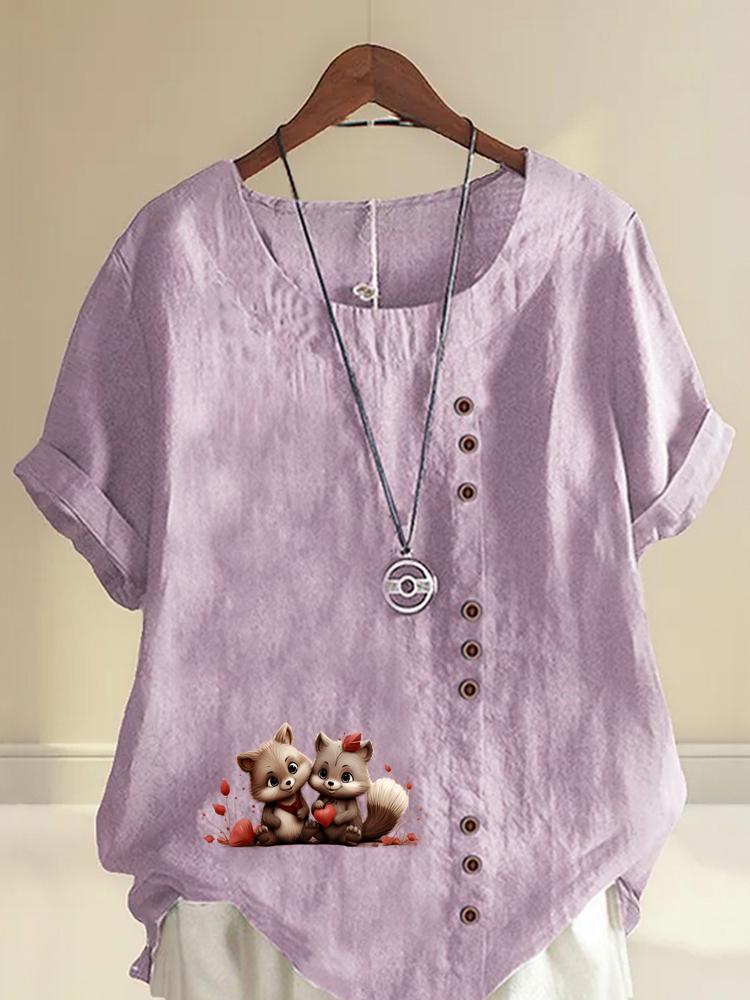 Women's Fashion Couple Bear Print Round Neck Short Sleeve T-shirt Summer Casual Cotton Linen Graphic Shirt Leisure Loose Blouse Tops