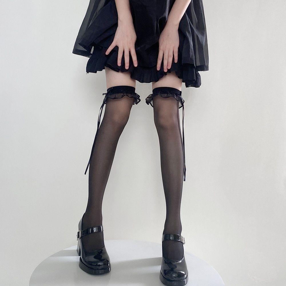 Women Sweet Summer Silky Thigh High Stocking Harajuku Lolita Ultra-Thin Transparent Lace Bow Ribbed Elastic Over Knee Long Socks
