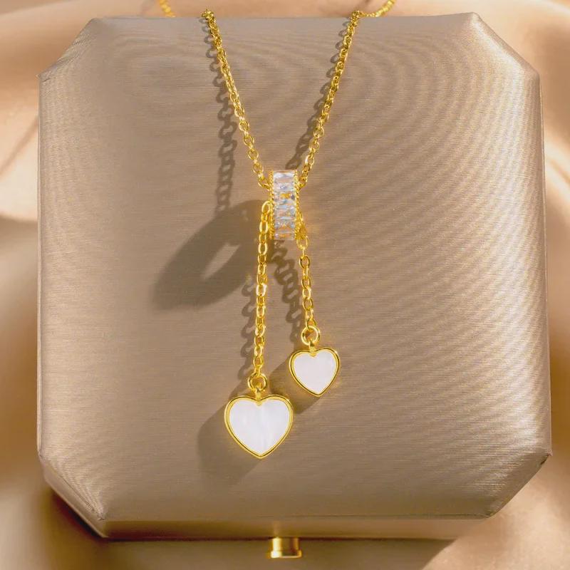 Japanese-Korean Titanium Steel Mother-of-Pearl Love Tassel Pendant Necklace - Luxurious, Non-Fading Jewelry
