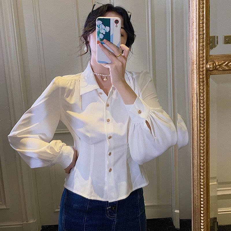 

Красная шифоновая женская рубашка с короткими талиями, однобортные блузки с рукавами-фонариками, топы с застежкой на пуговицы в стиле ретро с цветочным принтом во французском стиле L белый