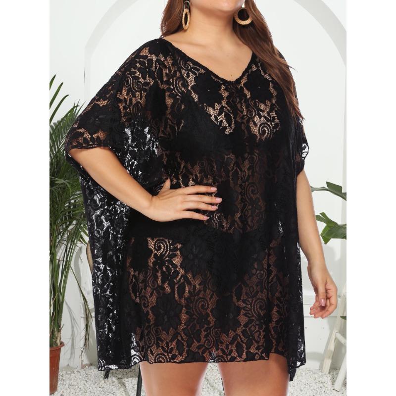 Plus Size Women's Sexy Lace Hollow Out See Through V-Neck Split Beach Dress Cover-ups