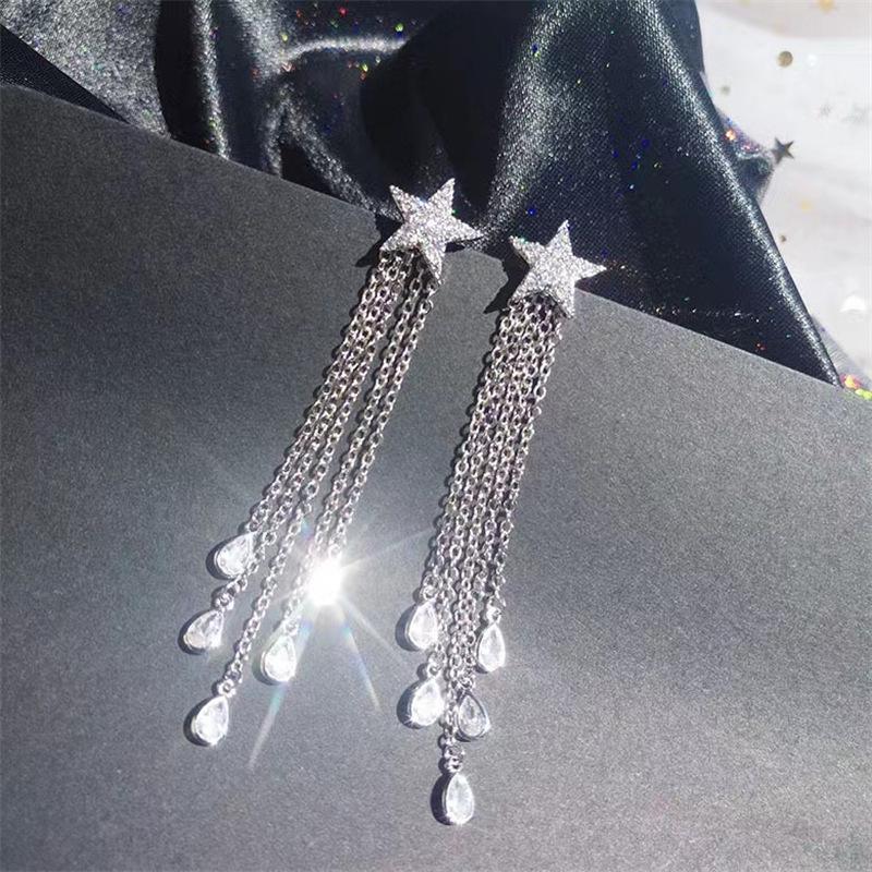 Stylish Five-Pointed Star Tassel Earrings with Micro-Set Zirconia