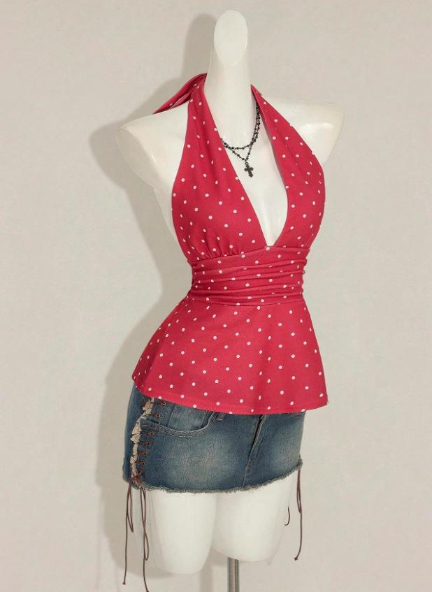 Women Halter Tie Back Backless Short Ruched Fitted Summer Camisole