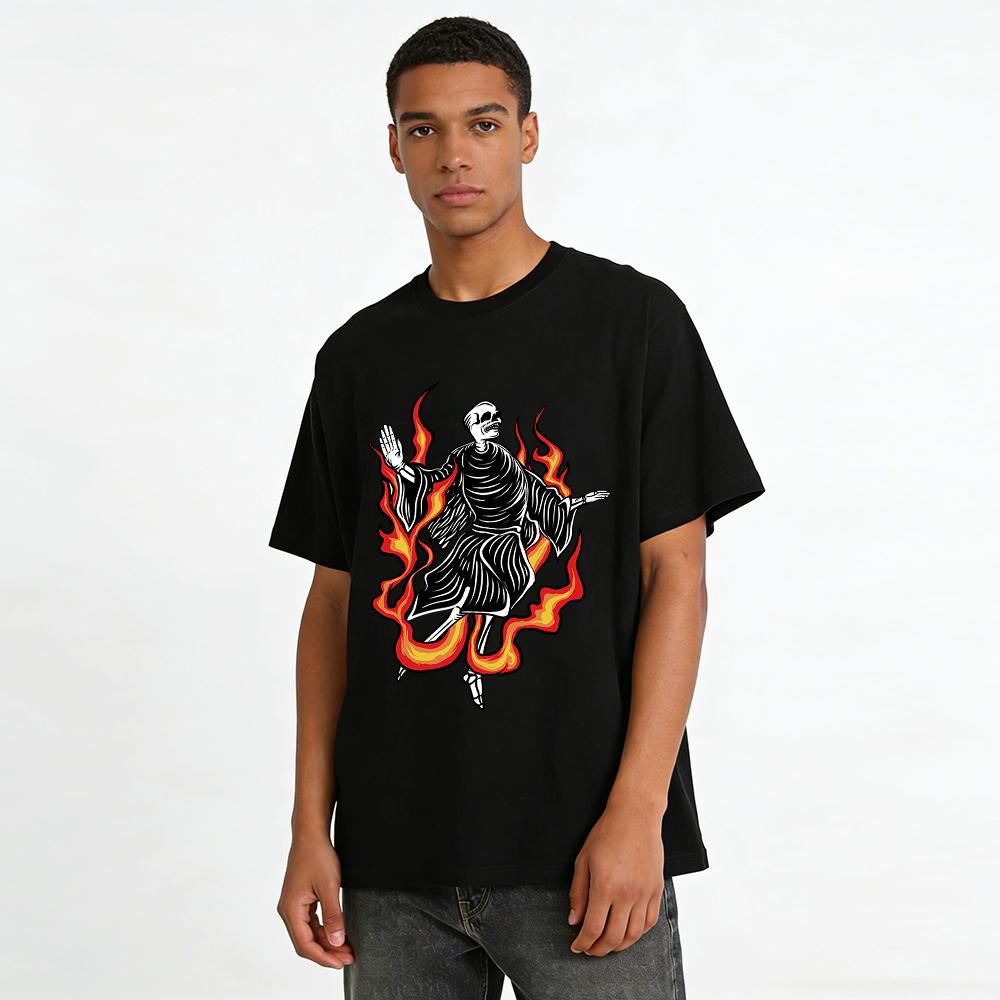 Flaming Skeleton Monk Print Trendy Cool Casual Short Sleeve T-Shirt Pure Cotton T-shirt