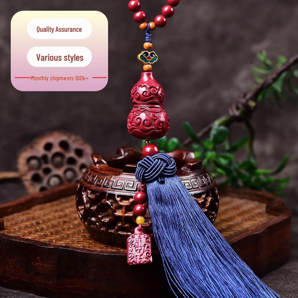 Cinnabar Auspicious Clouds Gourd Rearview Mirror Tassel - Premium Car Pendant Ornament