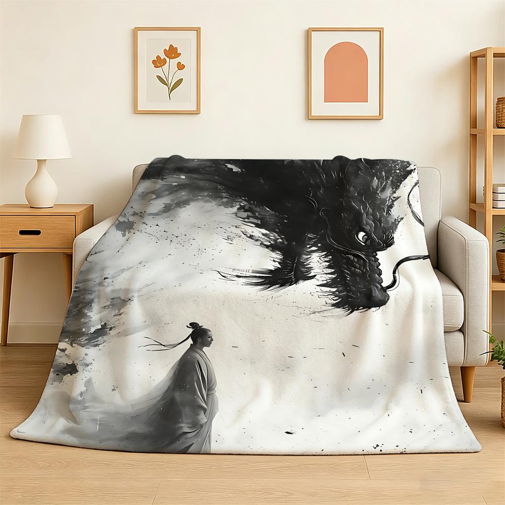 Asian Ink Style Dragon Shadow Waves Art Throw 240g Flannel Blanket Lightweight Soft Skin-friendly Summer Thin Throw Blanket 75X95CM