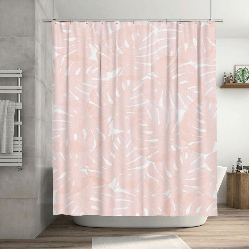 Pink White Monstera Leaf Shower Curtain For Bathroom Decor Modern Floral Pattern Waterproof Fabric Customizable Size (240X180Cm)