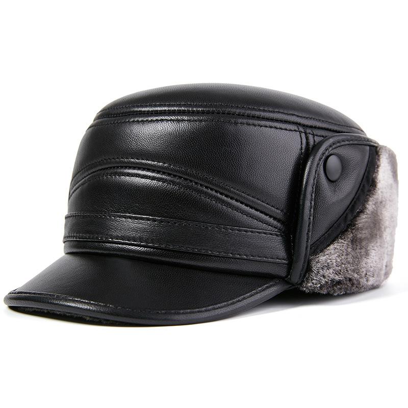 Winter Echte Schaffell Leder Uschanka Mütze | Dick gefütterte Fleece-gefütterte Warme Klappen-Mütze für Ältere Herren Outdoor Trapper Mütze für Papa