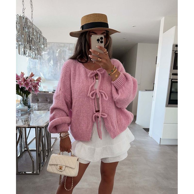 Simple Sweater2025 European and American Autumn and Winter New Women round Neck Lace-up Knit cardigan Simple Sweater Outerwear