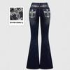 Jeans Donna Vita Alta Lavaggio Scuro Tasca Ricamata Vestibilità Slim Micro-Svasati