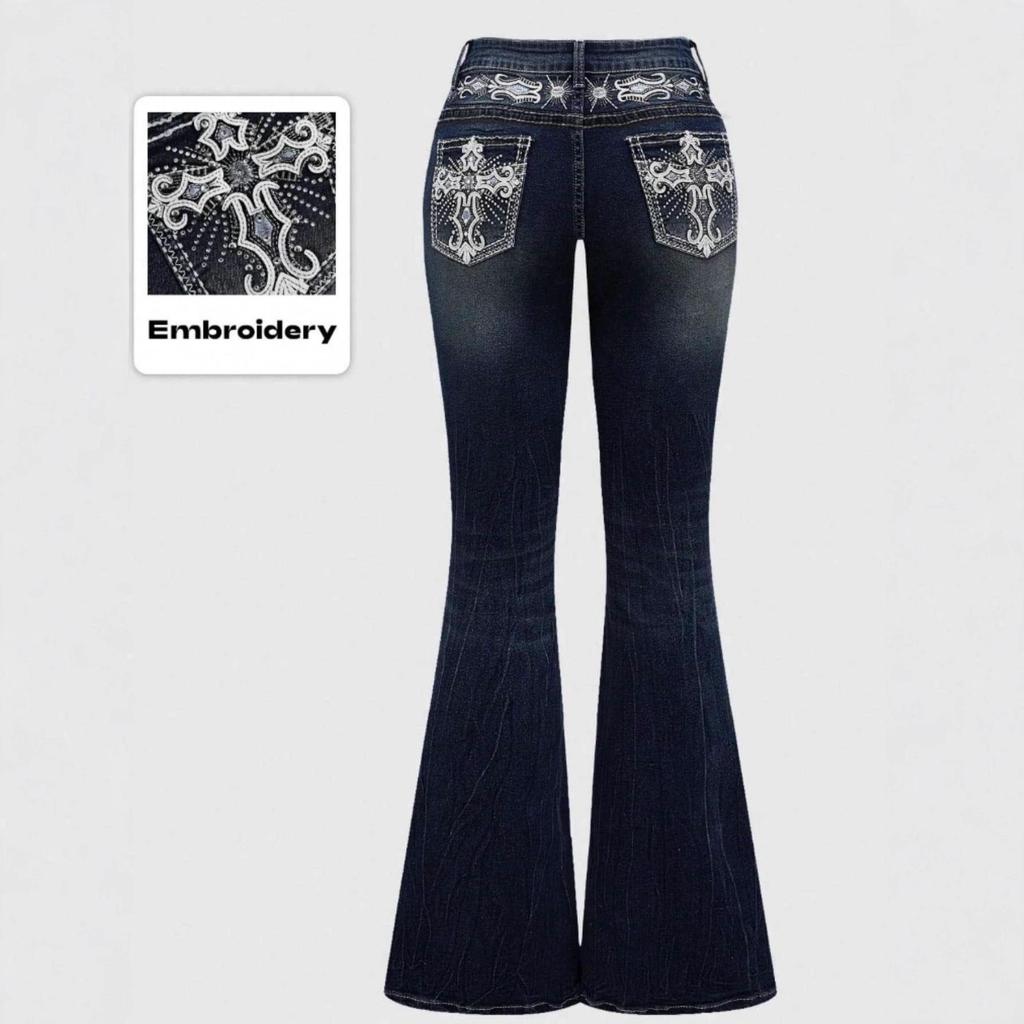 Jeans Donna Vita Alta Lavaggio Scuro Tasca Ricamata Vestibilità Slim Micro-Svasati