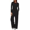 Solid Color Casual Long Sleeve Top and High Waist Wide Leg Pants Sportswear Set