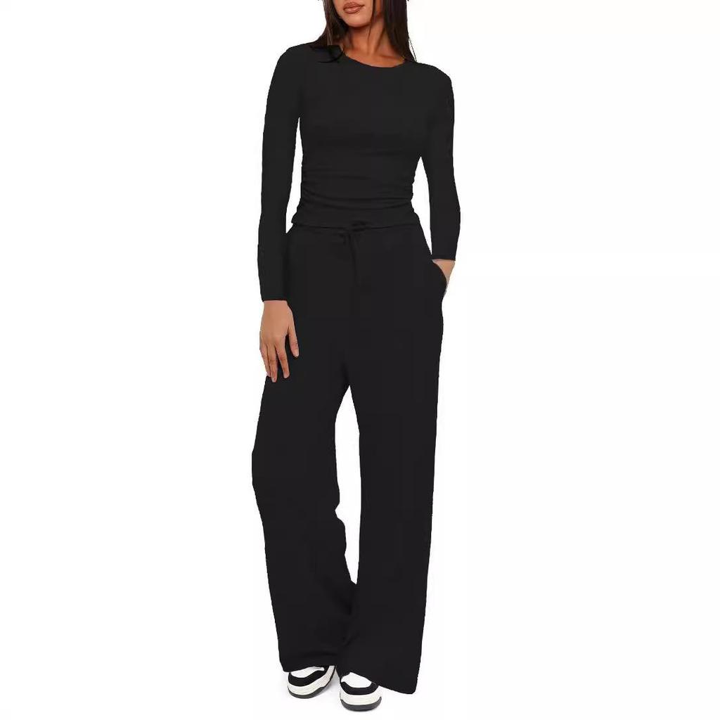 Solid Color Casual Long Sleeve Top and High Waist Wide Leg Pants Sportswear Set