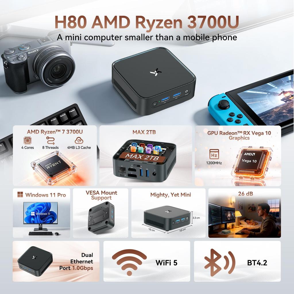Mini PC Huidun H80 AMD Ryzen 7 3700U 16GB 512GB SSD Radeon Vega 10 Windows 11 Pro