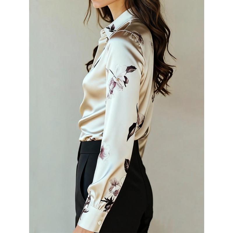 Women Summer Floral Print Satin Long Sleeve Shirt