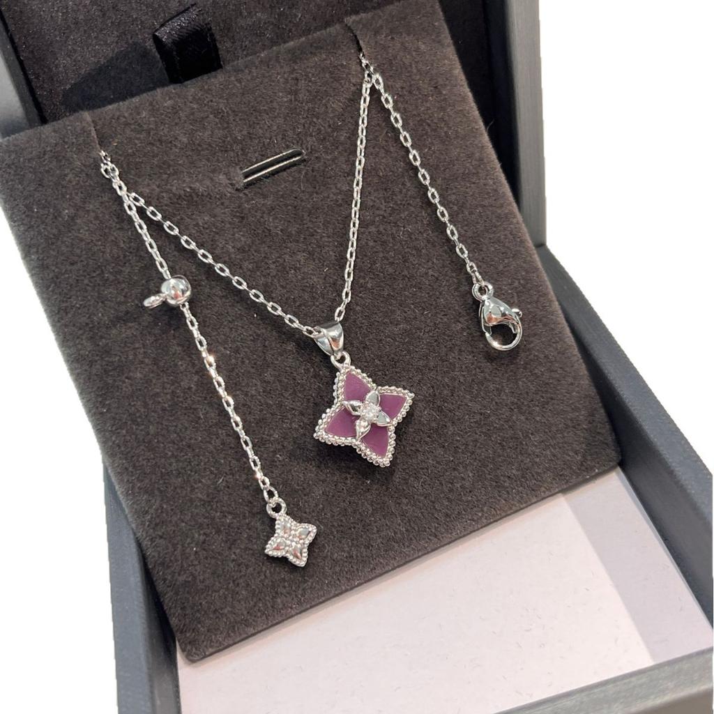 Light Luxury Powder Shell Purple Chalcedony Laser Four-Leaf Clover Five-Flower Bracelet Retro Court Style Sweet Temperament Necklace